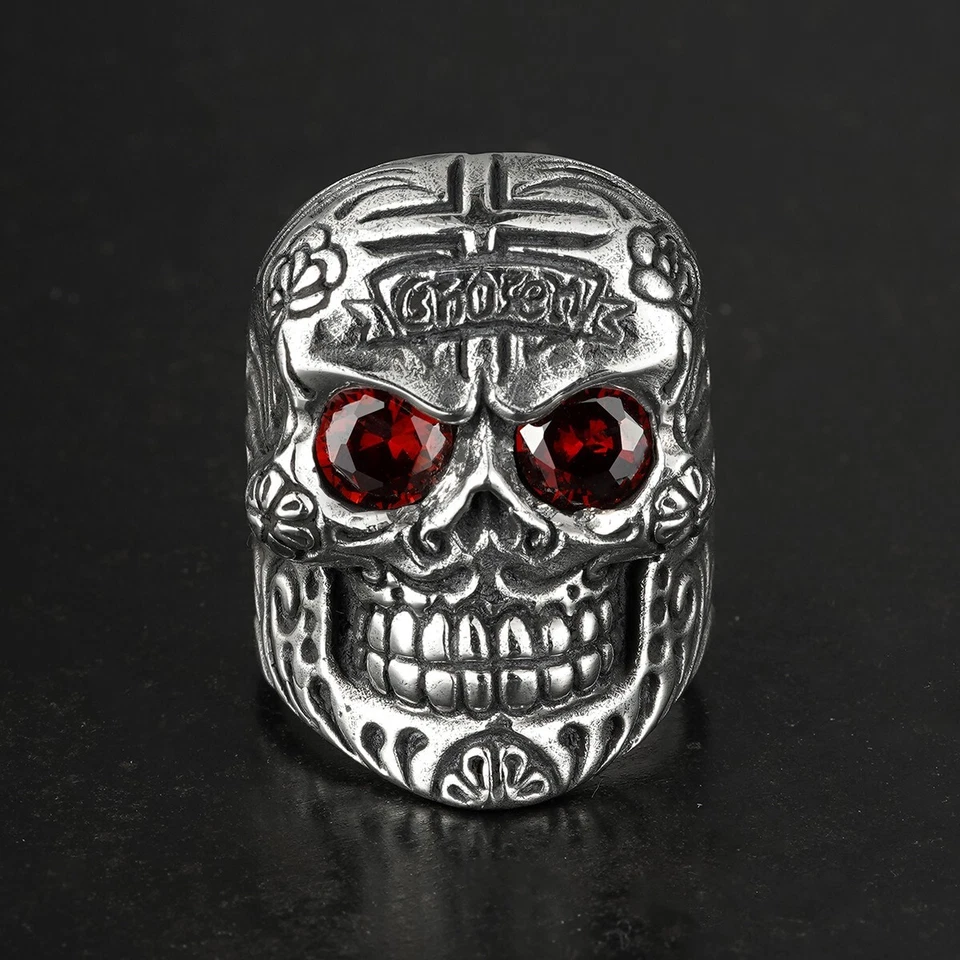 925 sterling silver handmade Carved punk Ruby eyes Skull heavy men's larger Ring - Image 3 of 4