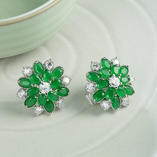 Flower Jewelry Green Jade White Fire Topaz Gems Silver Clip On Stud Earrings - Picture 4 of 6