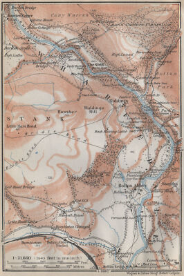 WHARFEDALE Topo-Karte. Bolton Abbey. Yorkshire Dales. BAEDEKER 1910 alt
