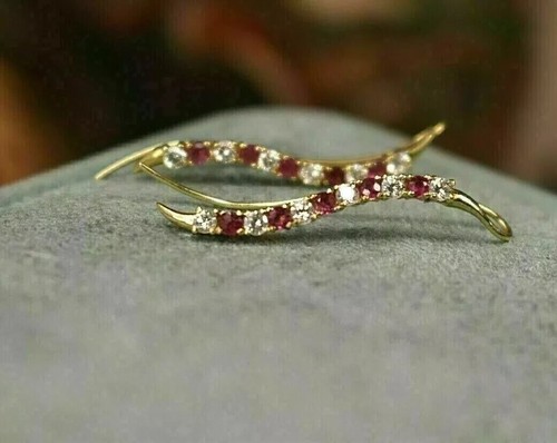 Women's Ear Cuff Climber Earrings Simulated Ruby Real 925 Yellow Sterling Silver - Picture 3 of 8