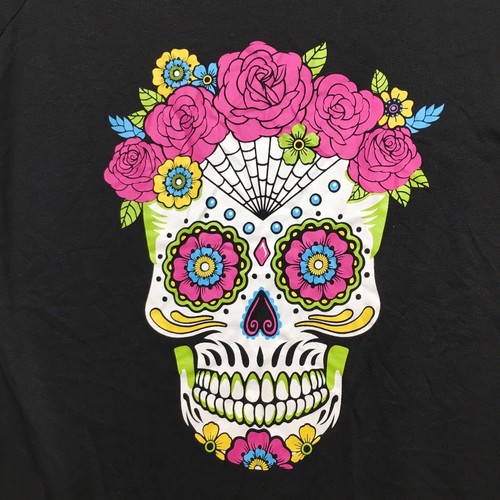 Junior Womens Colorful Black Floral Sugar Skull T-Shirt Tee Shirt XL NWT