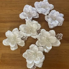 Ribbon flowers white rhinestone Medium size set deco decorative bridal backdrop