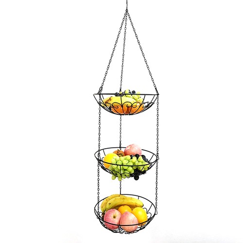 Hängekorb 2/3 Etagen Obstkorb Gemüseampel Hänge Etagere Körbe Eisen Schwarz - Bild 6 von 46