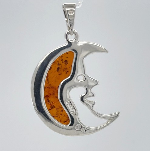 Cognac / Brown BALTIC AMBER Moon Pendant 925 STERLING SILVER Natural Stone #2401 - Picture 5 of 10