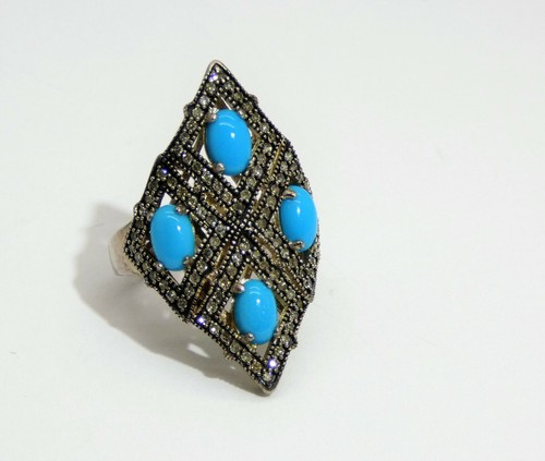 Carol Brodie Rarities marquise Shaped Sleeping Beauty Turquoise Ring w/ Diamonds - Picture 3 of 4