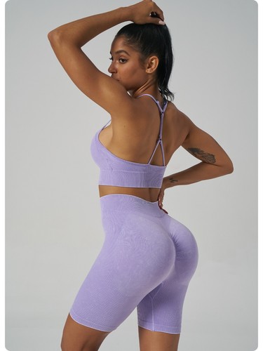 Women's Sexy Workout Sets Seamless V Neck Sports Bra Butt Lift GYM Impact Shorts - Picture 11 of 18