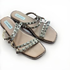 Steve Madden Women  s 8 Lodell Tan Strappy Slides with Silver Pyramid Studs Boho