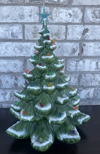 Vintage Ceramic Christmas Tree ~Atlantic Mold~Green With White Snow Flocked 15” - Picture 2 of 12