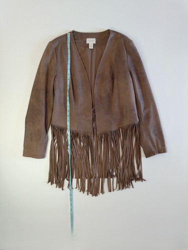 Chico's Jacket Size 0/S/4 Brown Faux Suede Fringe Open Front Western Festival - Picture 10 of 18