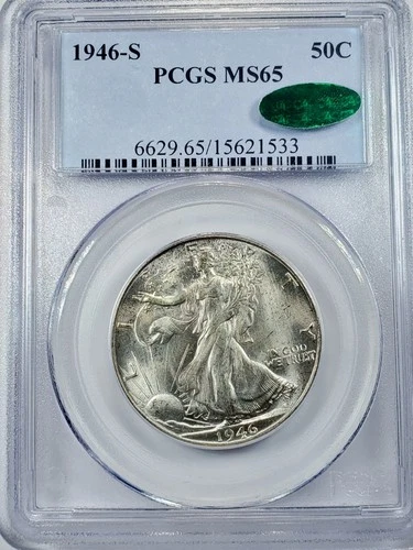 1946-S WALKING LIBERTY HALF DOLLAR PCGS & CAC CERTIFIED MS--65 GEM BU HALF