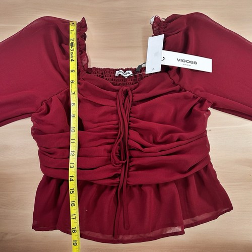 Vigoss Rüschen Chiffon Top Größe Large Kirschrot Schößchen Rausch Gesmokt Transparent  - Bild 12 von 12