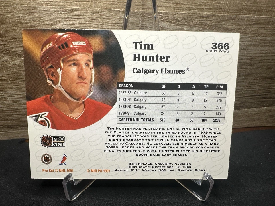 1991 Pro Set Tim Hunter #366 - Calgary Flames In-Person ON-CARD AUTO - Image 2 of 2