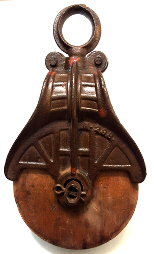 ANTIQUE VINTAGE MYERS WOOD & CAST IRON BARN PULLEY - Picture 2 of 2