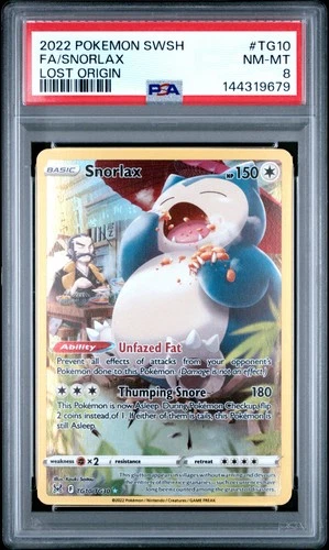 2022 POKEMON SWORD & SHIELD LOST ORIGIN #TG10 FULL ART/SNORLAX PSA 8