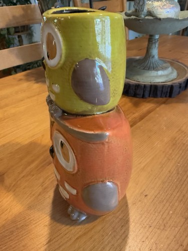 Vintage 2 Stacked Owls Pier 1 Glazed Pottery Vase Planter Fall Decor - Picture 2 of 6