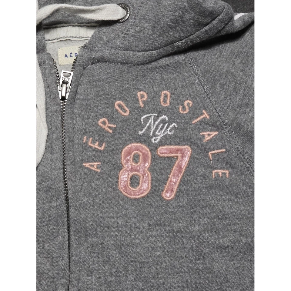 Chaqueta con Capucha Aeropostale NYC 87 Gris Cremallera Completa Para Mujer Manga Pequeña a Rayas Y2K Foto 2 de 4