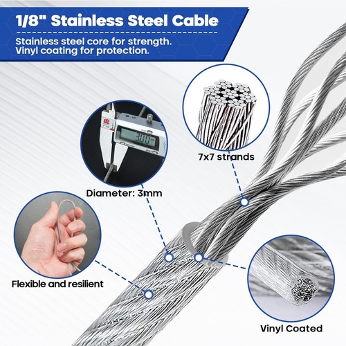 1/8 Wire Rope Kit, 100ft Vinyl Coated Stainless Steel Cable with 50pcs Crimpi... - Picture 6 of 7