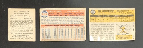Boston Braves 3 Low Grade Lot 1948 Bowman Sain 1957 Topps Thomson Schoendienst - Imagen 2 de 2