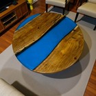 Modern Round Blue Epoxy River Table | Live Edge Wood Centerpiece Table Decor