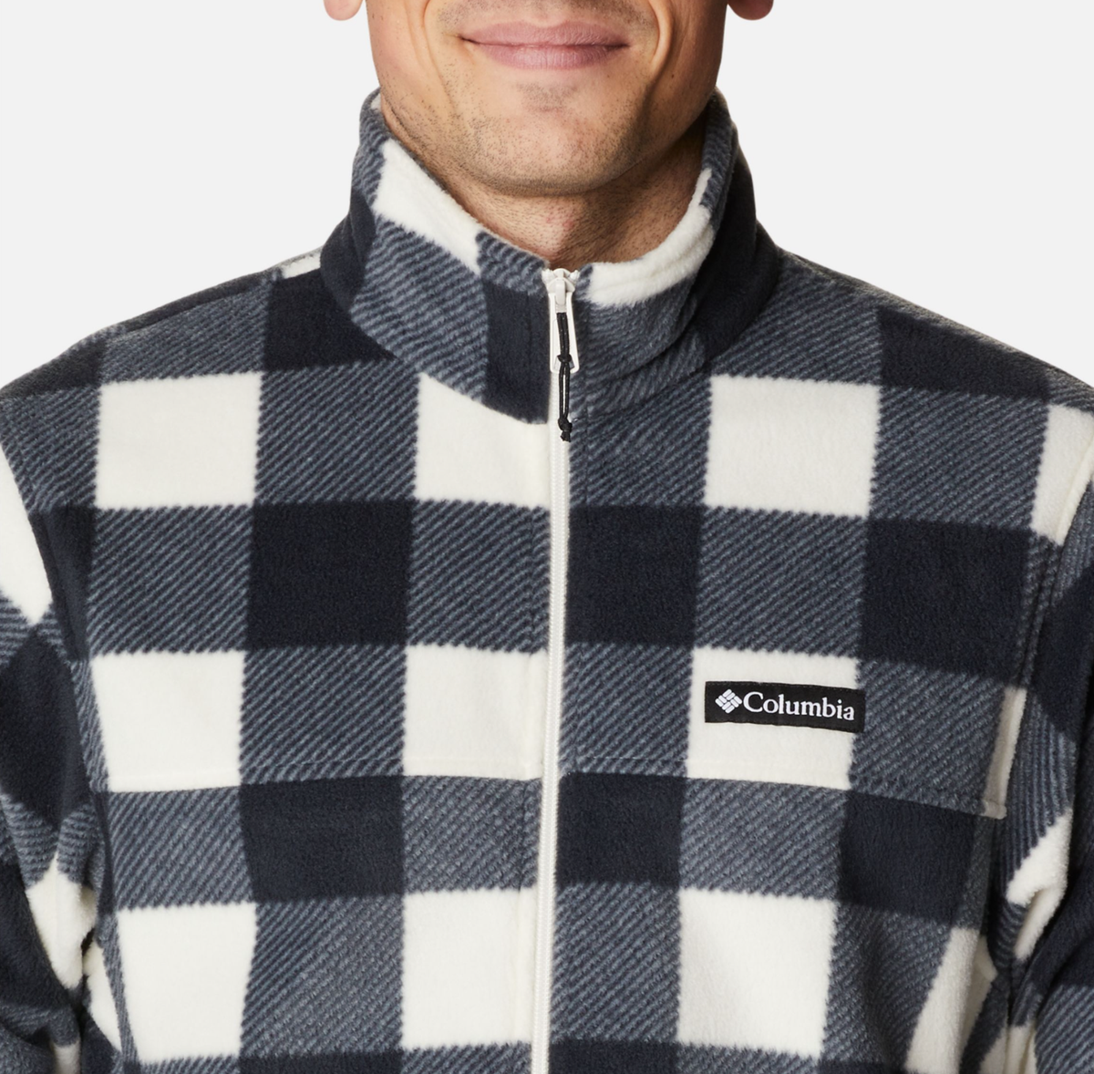 COLUMBIA MEN'S BLACK WHITE MOUNTAIN CHECK PRINT FLEECE ZIP JACKET