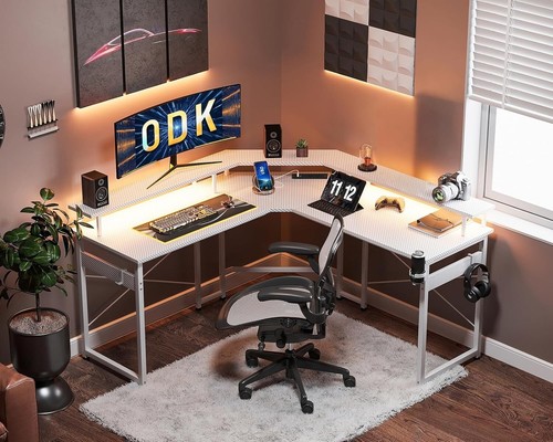 L Shaped Gaming Desk with 10 Colour Lights Power Outlet Corner Gaming Table with - Picture 5 of 8