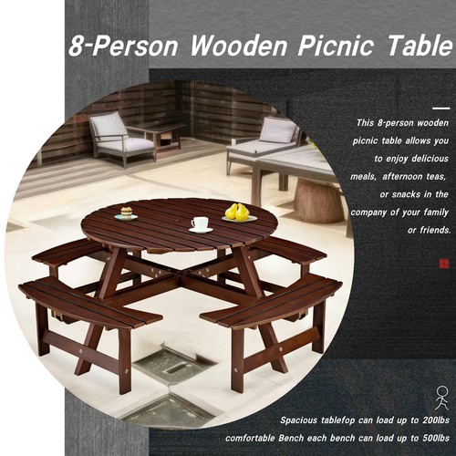 8 People Outdoor Round Picnic Table Set w/4 Built-in Benches & 2'' Umbrella Hole - Picture 7 of 19