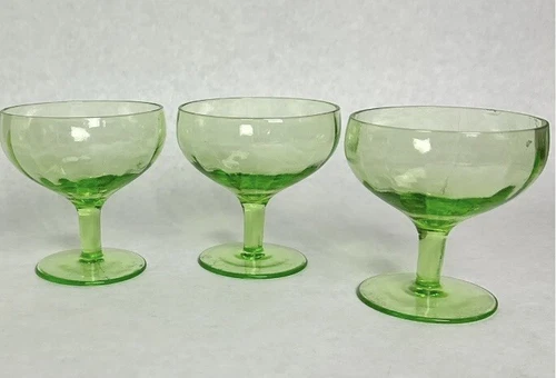 3 Vintage Green Uranium Depression Vaseline Glass Footed Sherbert Dessert Dish