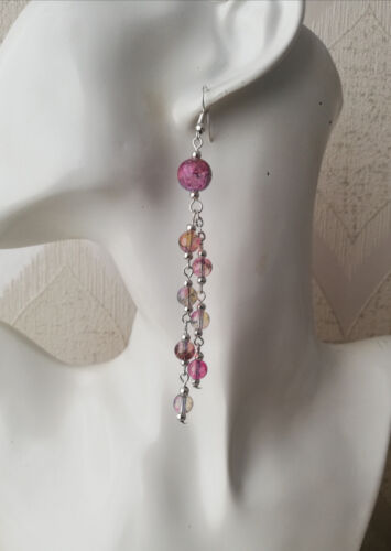 Extra Long Drop / Dangle Purple / Pink Crackle Tassel Earrings - Silver Plated - Picture 4 of 6