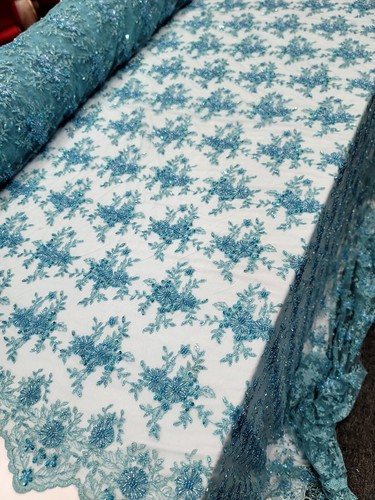 Beaded Lace Fabric By The Yard Embroidered Mesh Bridal Wedding Dress Turquoise - Picture 2 of 6