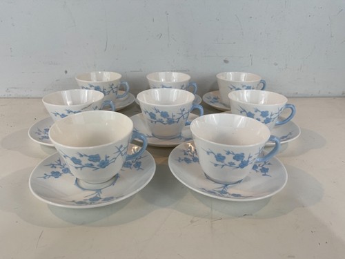 Copeland Spode “Blanche de Chine” Geisha Blue Porcelain Set of 8 Cups & Saucers