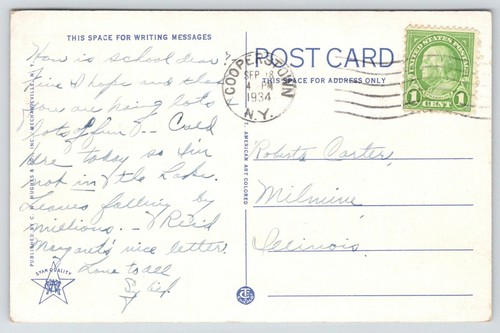 Cooperstown New York~Village Club & Library~Little Girls on Corner~1934 Postcard - Picture 2 of 2