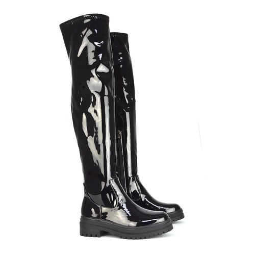 Womens Over The Knee Boots Ladies Chunky Sole Stretch Leg Thigh High Biker Size - Picture 43 of 69