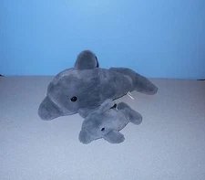 14" Grey Bottlenose Dolphin Mommy Stuffed Plush w/ 7" Baby Calf on Her Fin