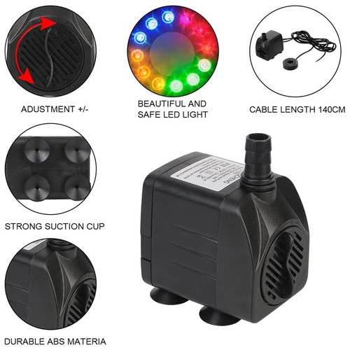 Submersible Water Pump W/ 12 LED 16W Lights For Fountain Pool Garden Pond Tank - Picture 9 of 13