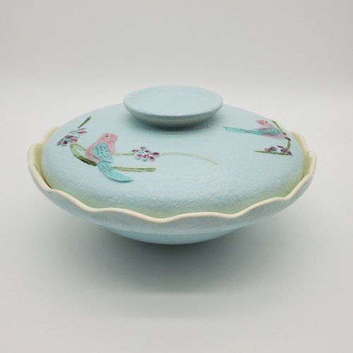 1957 Hull 'Serenade' Blue Casserole Cover Lid Bowl with Pink Birds - Picture 4 of 9