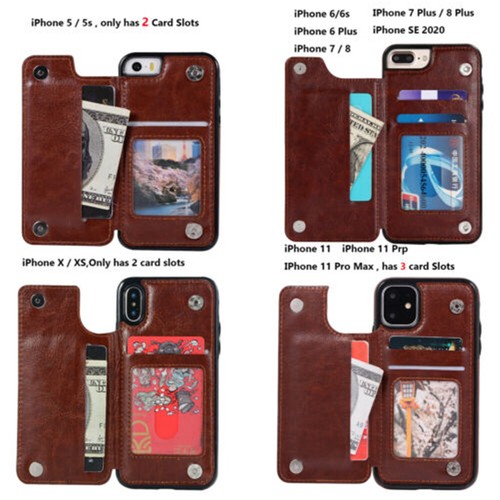 Leather Flip Wallet Card Holder Cover Case For iPhone 11 12 13 14 15 Plus ProMax - Picture 3 of 19
