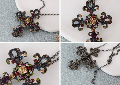 Religious Cross Pendant Necklace Sparkle Crystal Rhinestones Brooch Pin - Picture 13 of 30