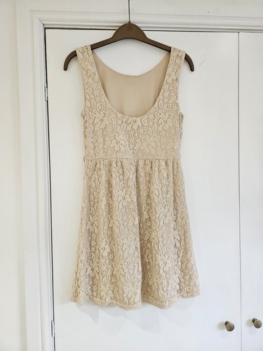 Lace Floral Pattern Beige Sand Size 8 Stretch Tea Summer Mini Dress Sleeveless - Picture 2 of 4