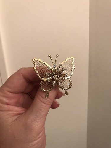 Vintage Monet Butterfly Brooch- Raised Clear Crystals, Stamped - Picture 2 of 12