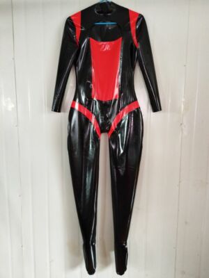 Latex Rubber Catsuit Rot&Schwarz Bodysuit With Feet Sexy Gummi Cozy Kostüm S-XXL