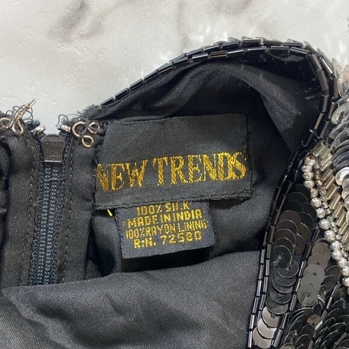 Vintage New Trends Maxikleid Damen klein schwarz silber Pailletten Perlen Seide Fransen - Bild 12 von 15