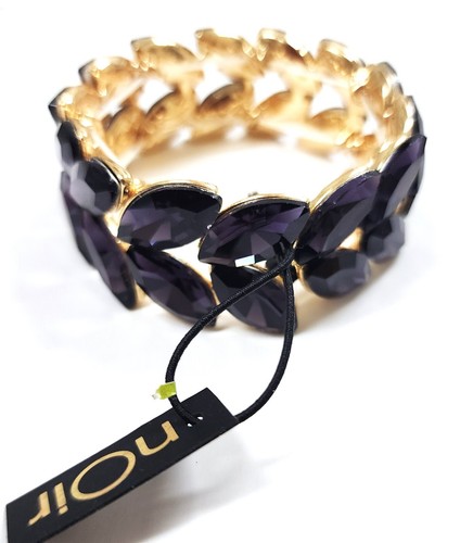 NEW NOIR GOLD TONE DARK PURPLE OVAL SHAPE CRYSTALS LEAF SHAPE STRETCH BRACELET - Picture 4 of 6