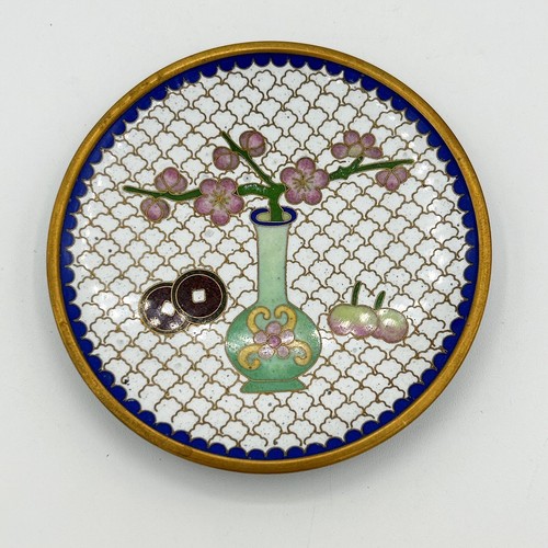 Cloisonné Trinket Dish Plate Enamel On Copper Cherry Blossom Fruit Lucky Coin