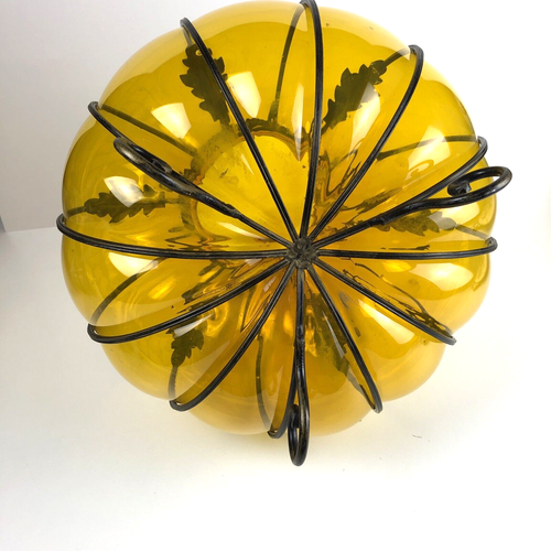 MCM Large Wrought Iron Cage Orange Blown Out Glass Footed Vase 12"H x 12"W - Picture 8 of 12