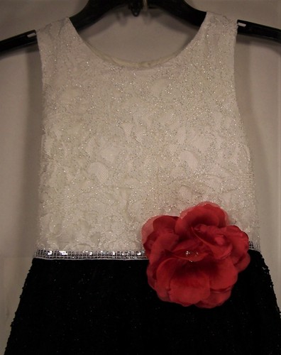 Bloome Girls Lace Occasion Dress 16 Rhinestone Red Flower White Black - Picture 4 of 7
