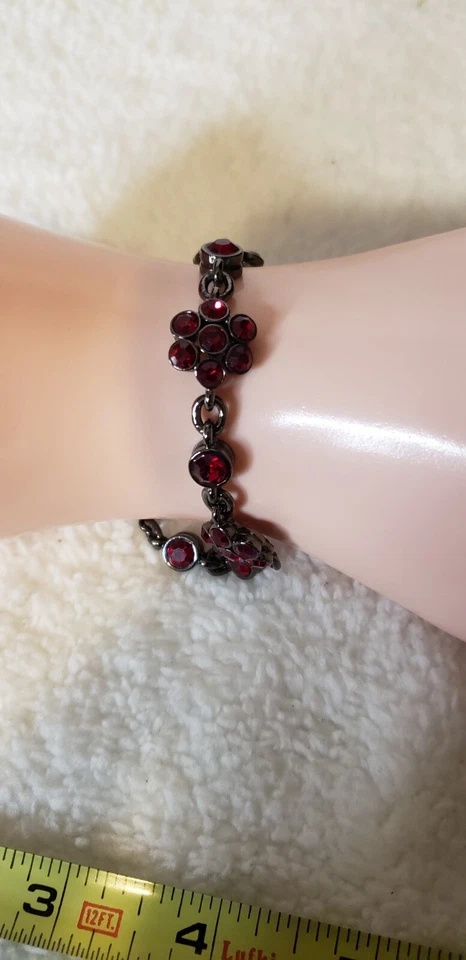 Liz Claiborne Deep Red Rhinestone Bracelet Gun Metal 7 1/2" - Image 2 of 4