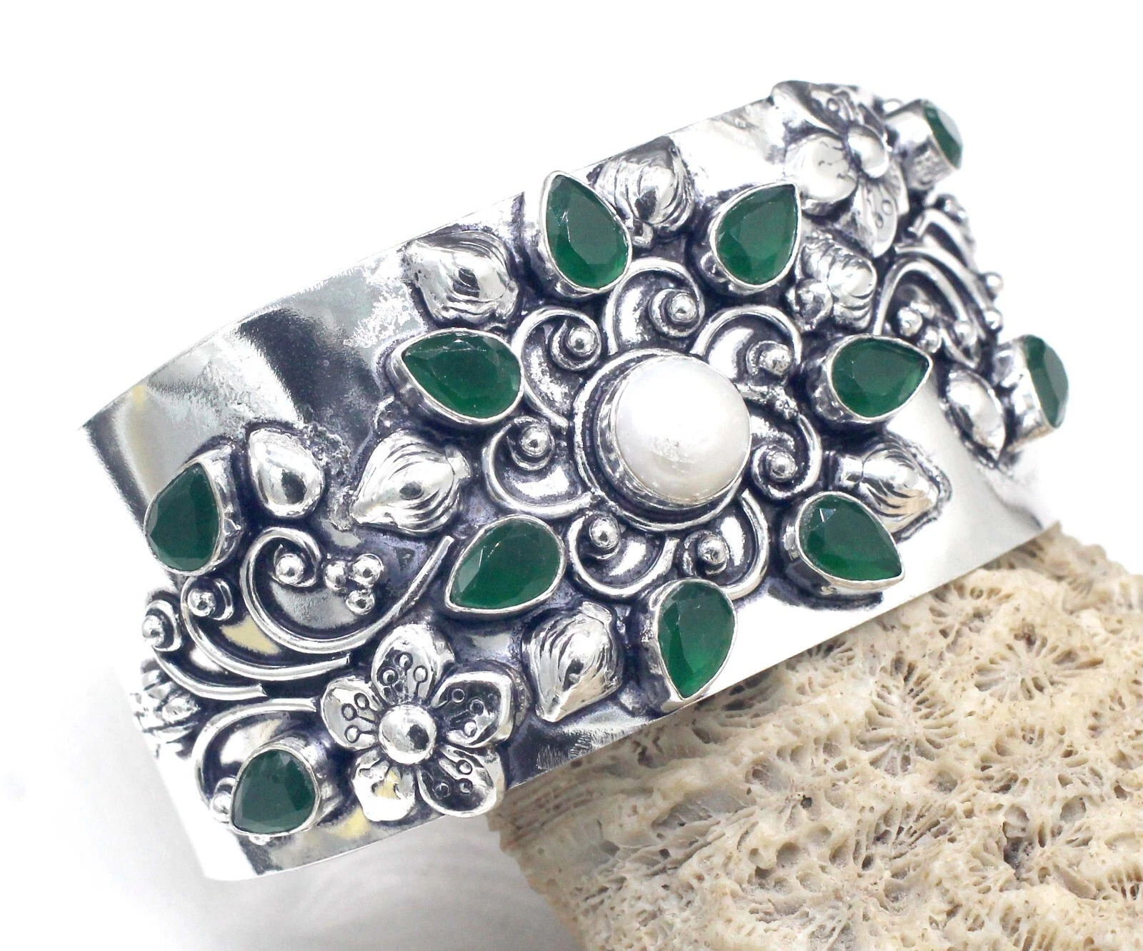 VALENTINO Bracciale gioiello fatto a mano in argento sterling 925 con pietre preziose perle misura ADJ