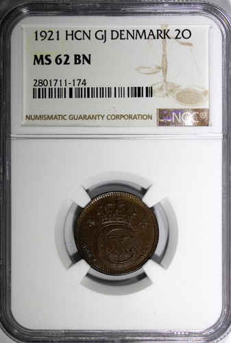 DENMARK Christian X Bronze 1921 HCN CJ 2 Ore NGC MS62 BN KM# 813.2 (174) - Picture 2 of 4