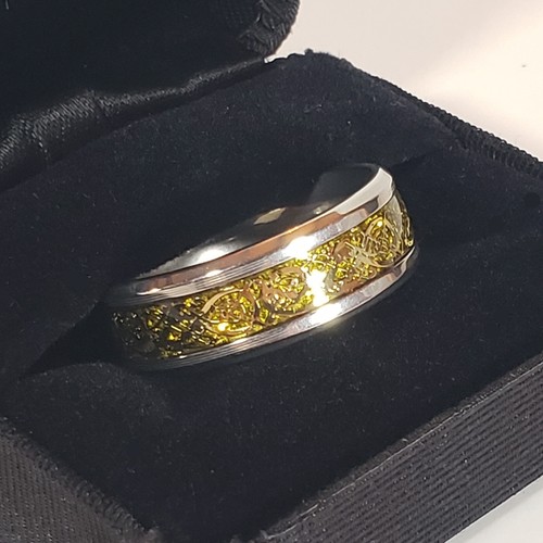 Celtic Dragon Pattern Ring 2-Tone Stainless Stl Center Beveled Edge Sz 11 w/ Box - Picture 5 of 10