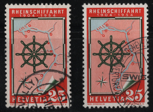 SWITZERLAND PLATE FLAW SCOTT 349 SHIFTED BLUE RHEINSHIFFAHRT SWISSAIR CANCEL